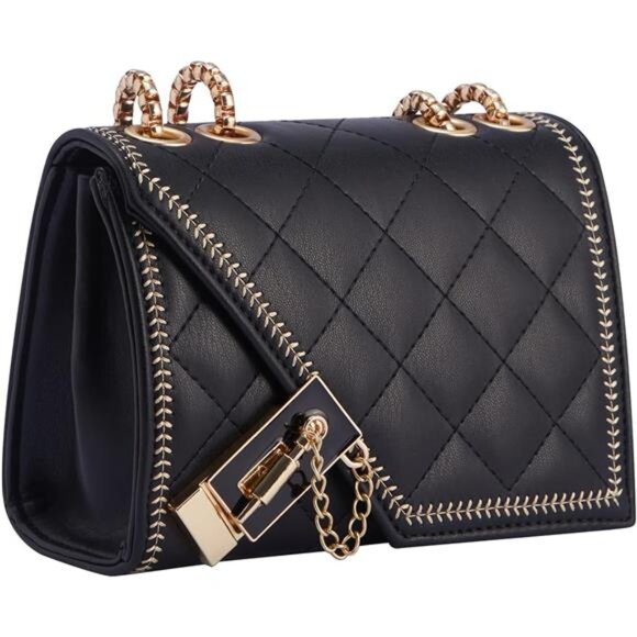 Handbags - Quilted Crossbody Bag Black Vegan Leather Shoulder Bag Fashion Chain Small Purse